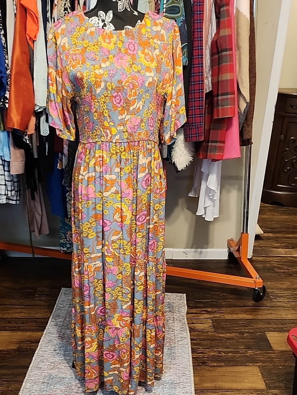 Source Unknown Floral Maxi Dress in Pink, Yellow & Gray
